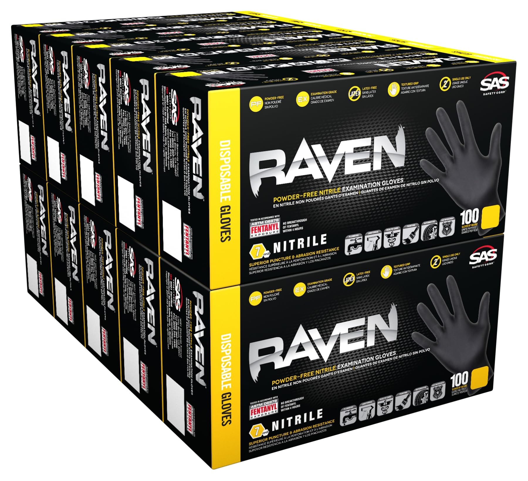 SAS Raven 7 Mil Black Nitrile Gloves in box providing durable industrial protection
