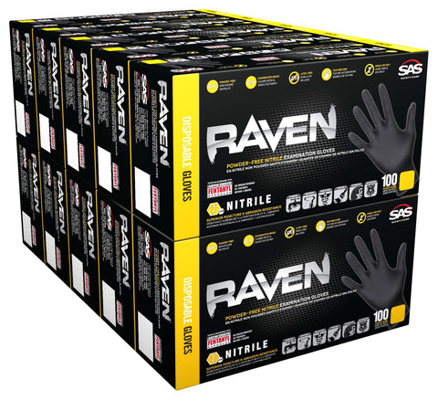 SAS Raven 7 Mil Black Nitrile Gloves in box providing durable industrial protection