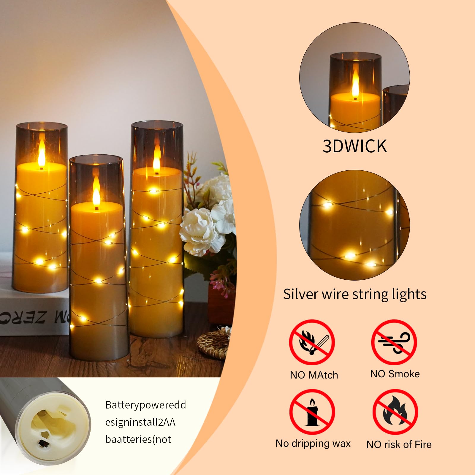 Sasigeiaa battery-powered candles use 2 AA batteries and arrive ready.