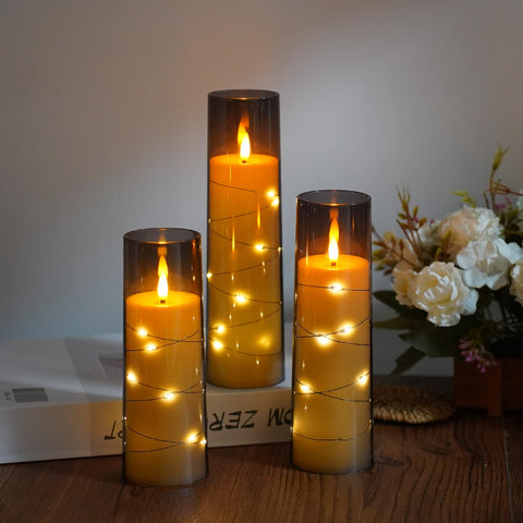 Sasigeiaa grey pillar candles illuminate dining tables with warm, candle-like light.