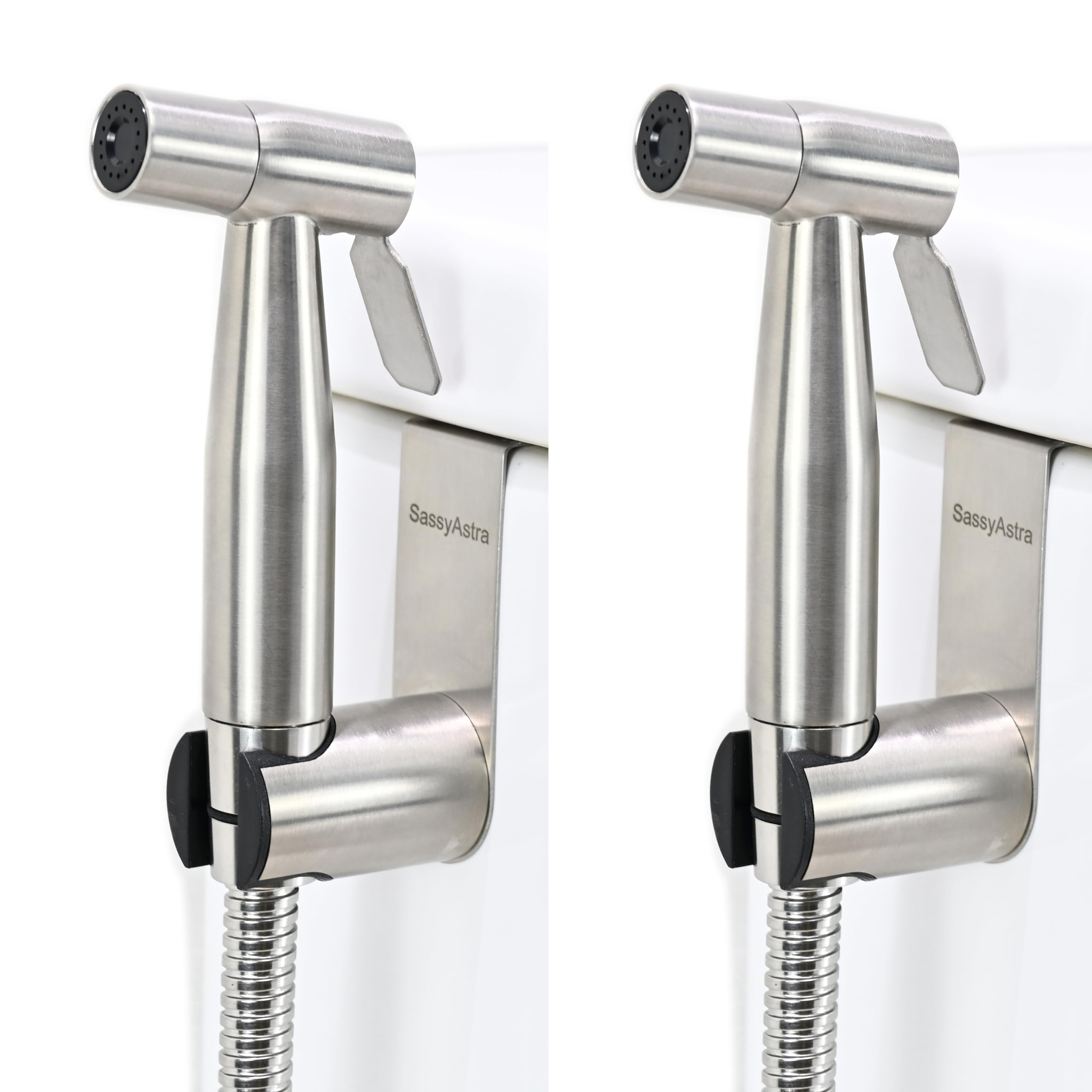 SassyAstra bidet sprayer with 47-inch hose for extended reach and flexible cleaning.