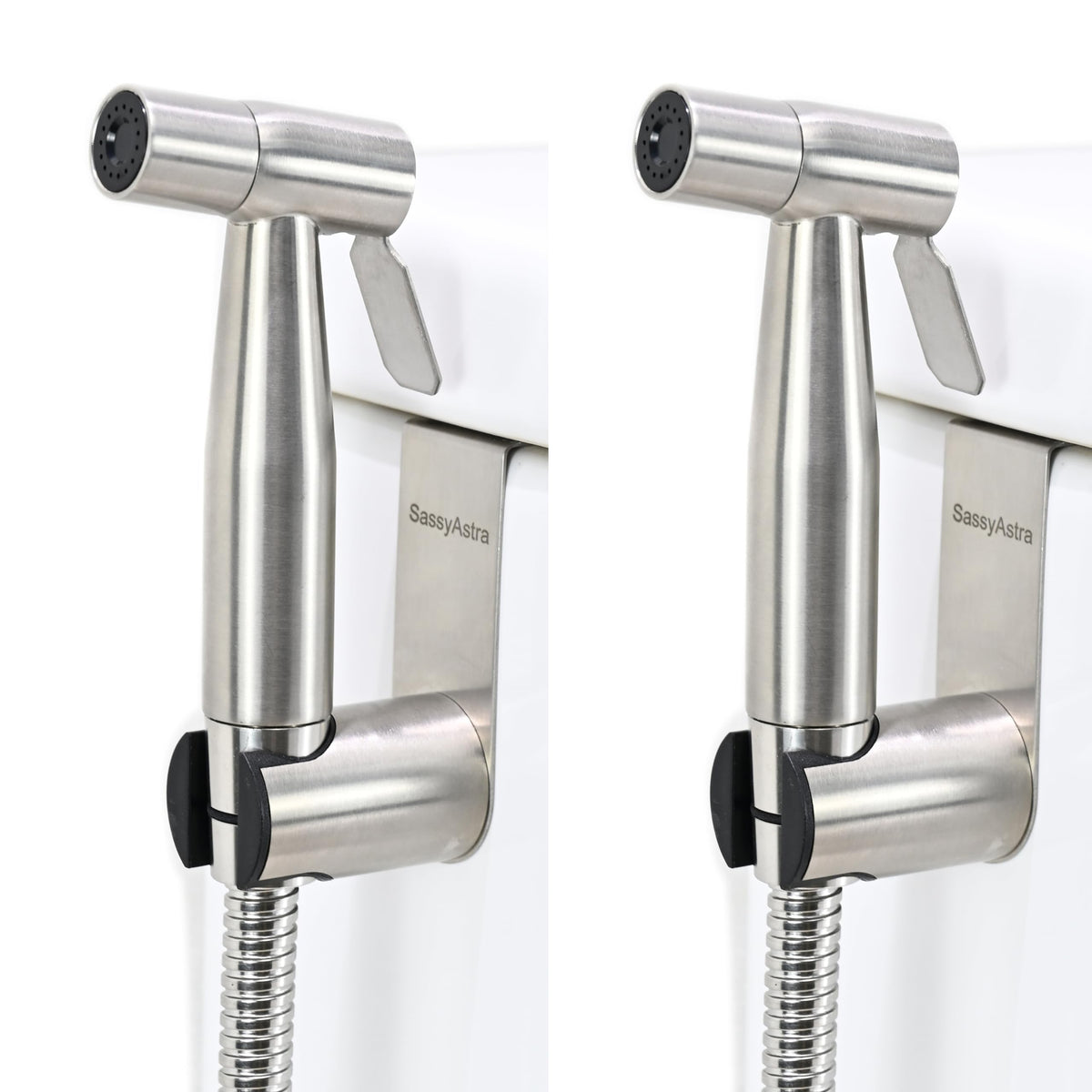 SassyAstra bidet sprayer with 47-inch hose for extended reach and flexible cleaning.