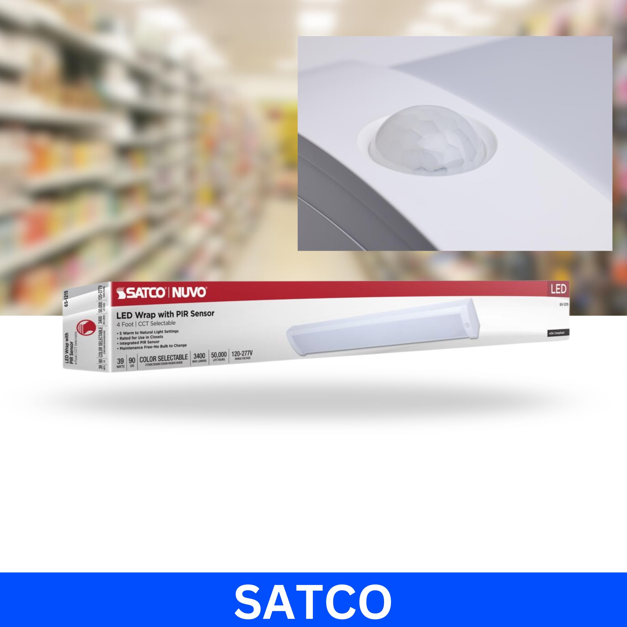 Satco damp-rated wrap light installation suitable for humid indoor spaces.