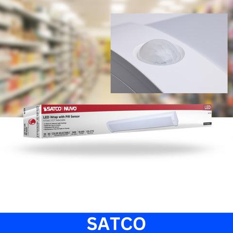 Satco damp-rated wrap light installation suitable for humid indoor spaces.