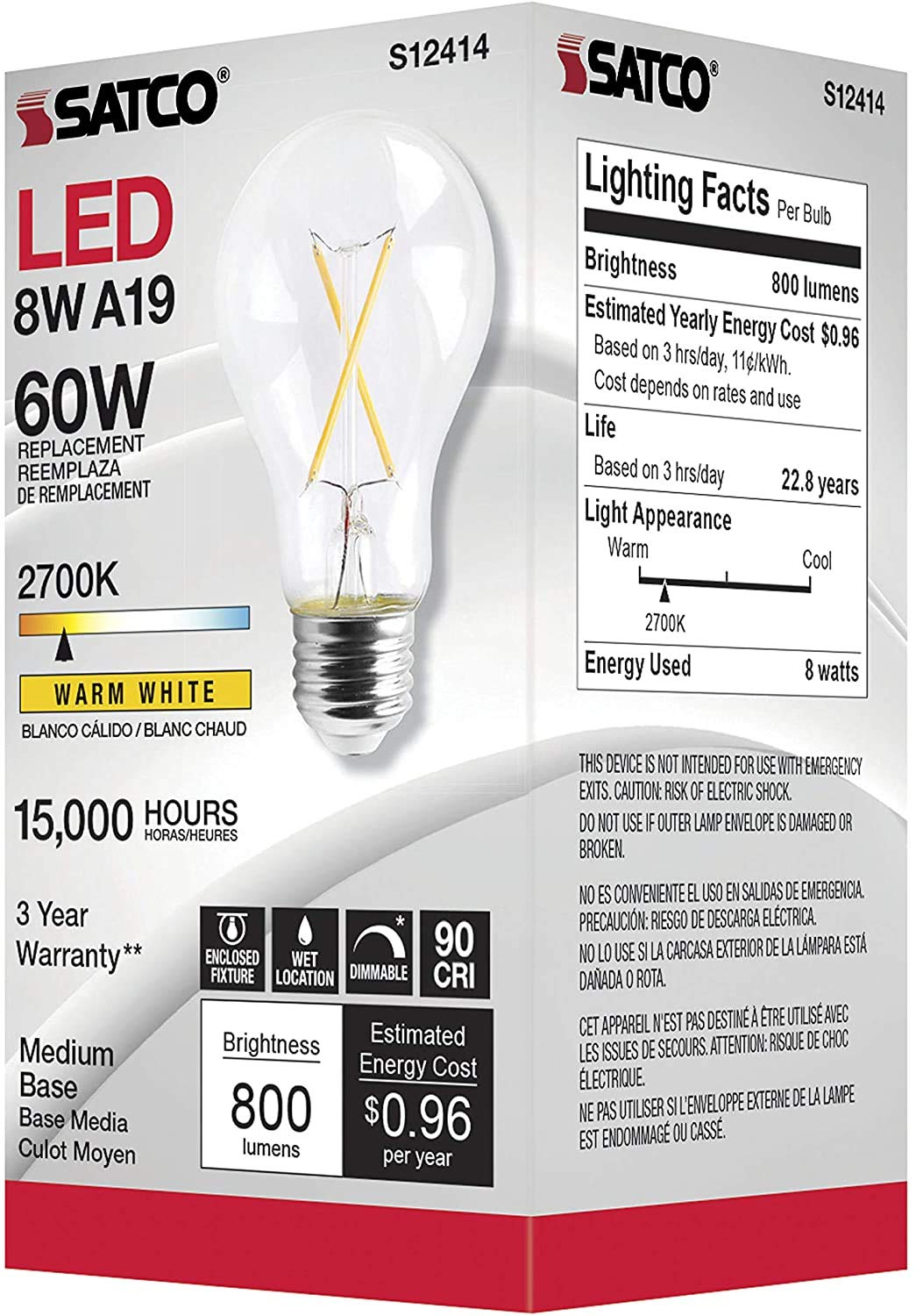 Satco S12414-8 LED A19 bulb with medium base for standard sockets and easy replacement