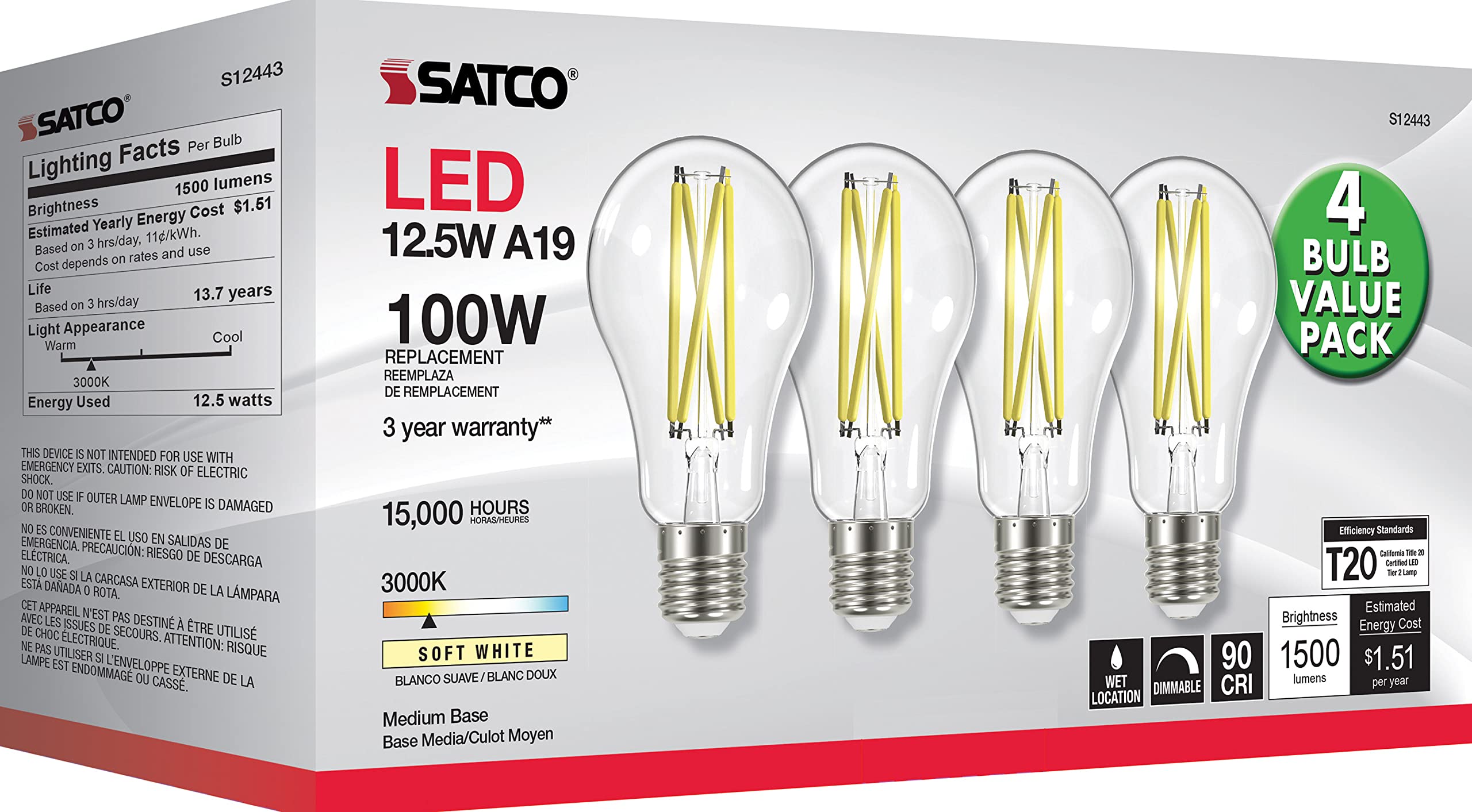 Satco S12443 clear bulbs provide broad, even lighting for living spaces.