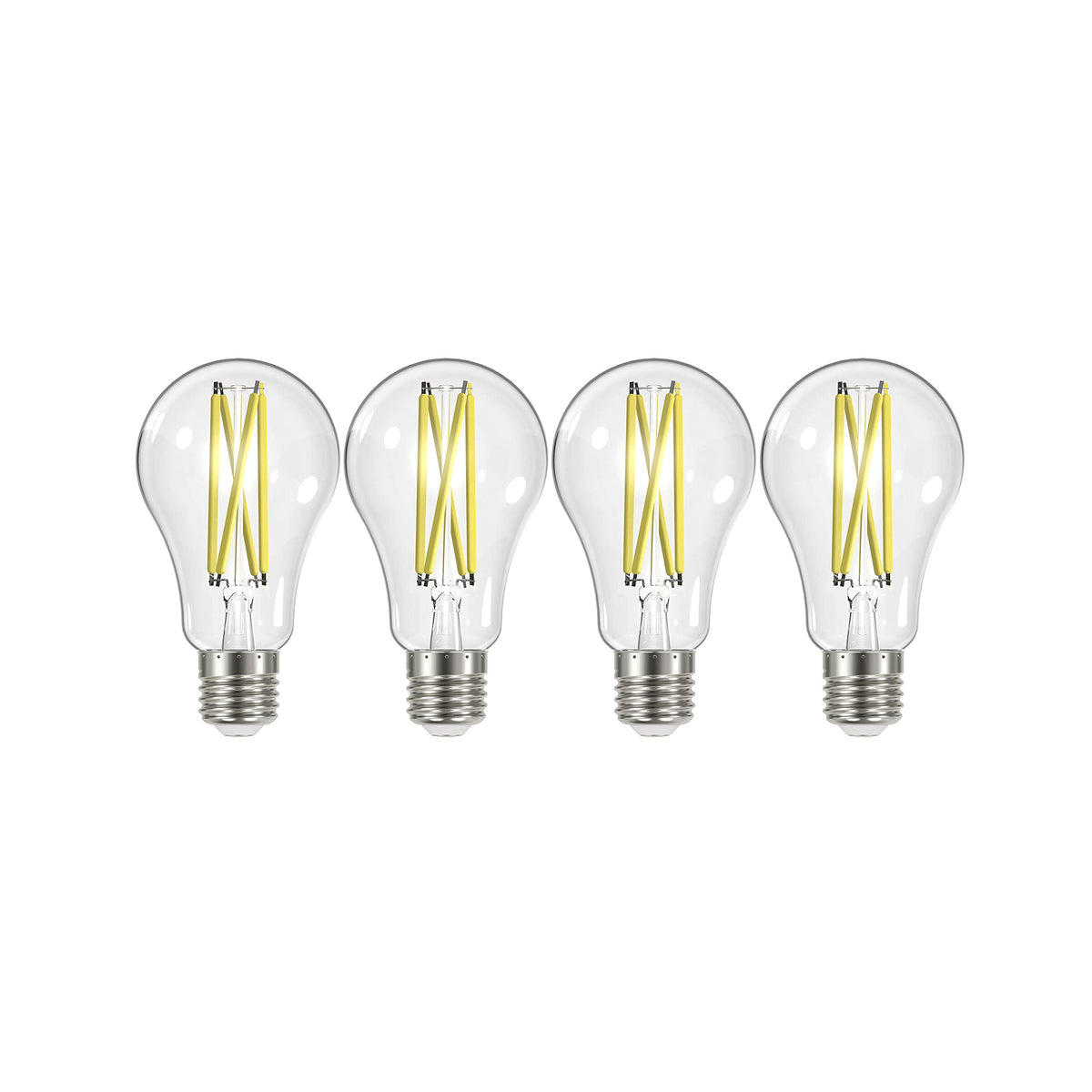 Nuvo Satco S12443 four-pack LED bulbs with clear finish for warm, inviting light.