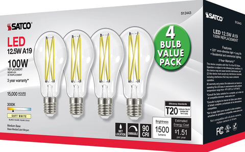 Satco S12443 4-pack LED bulbs offer 3000K warm white illumination and dimmable control.