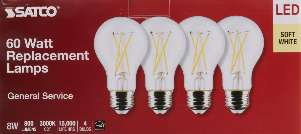 Satco S12463 clear A19 LED bulb glows warm 3000K for kitchens.