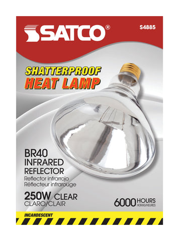 Satco S4885 120V 250W R40 medium-base bulb shown ready for focused heat.
