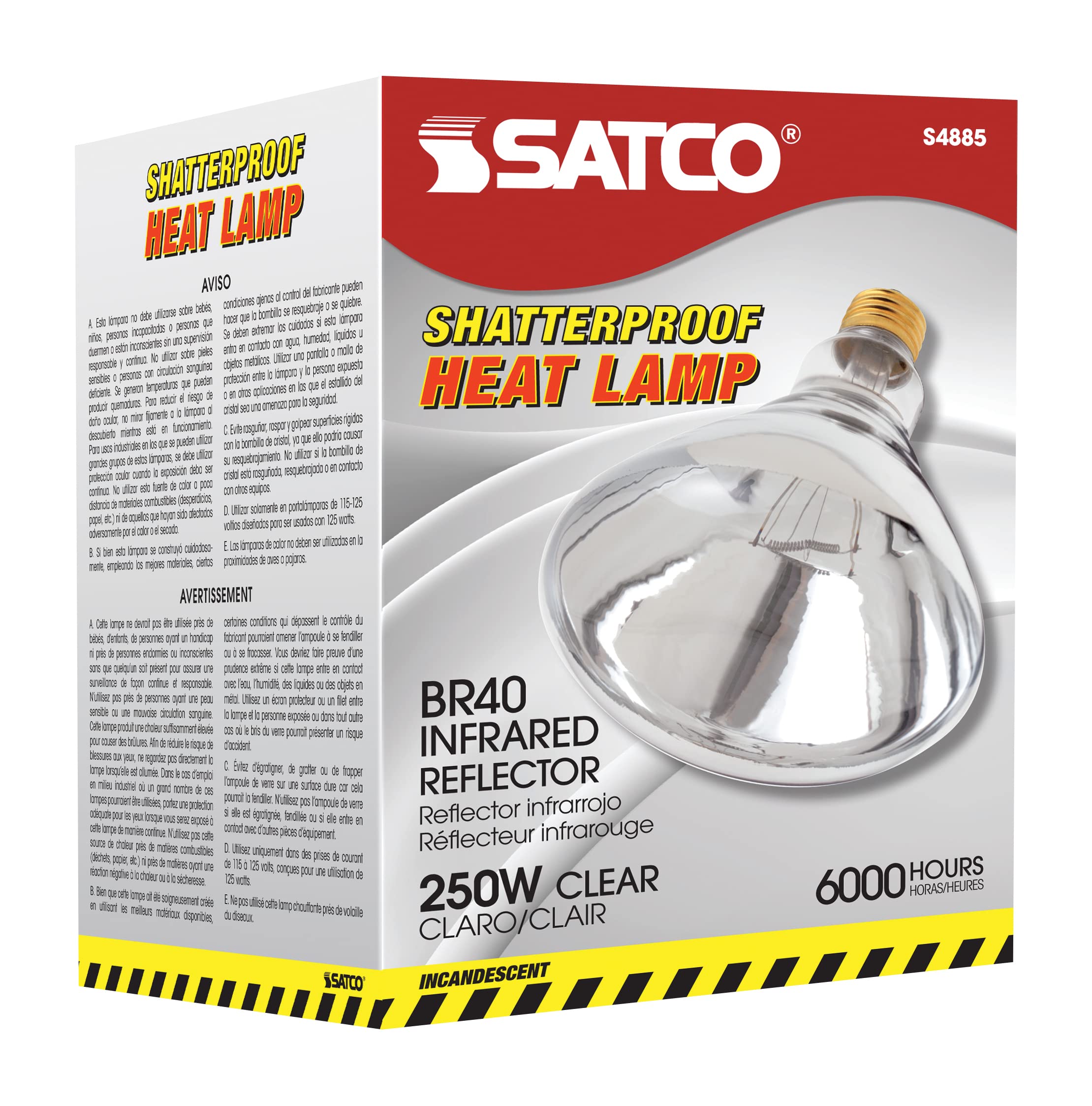 Satco S4885 lamp front view in clear housing for versatile heat setups.