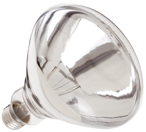 Satco S4885 heat lamp in clear shatterproof bulb for durable warmth in small spaces.