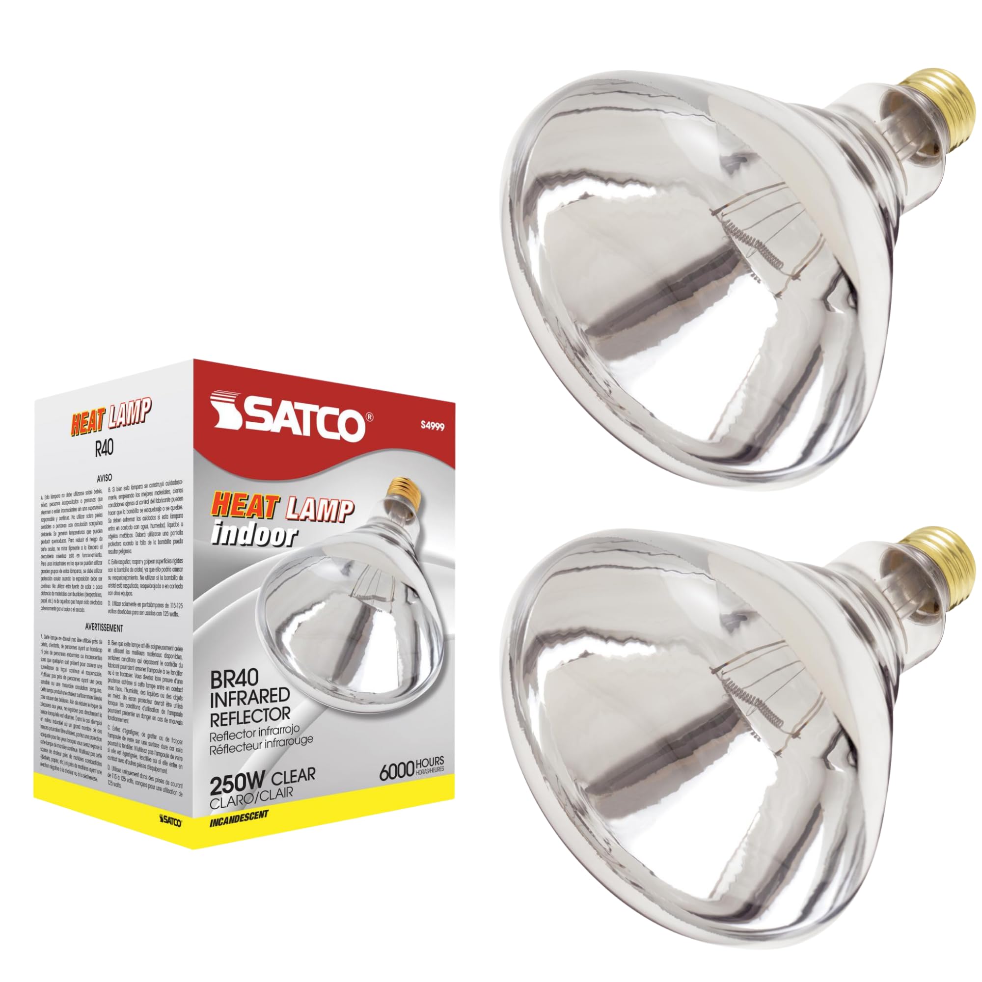 Satco S4999 250W BR40 heat bulb, clear finish, focused infrared warmth for heating tasks.
