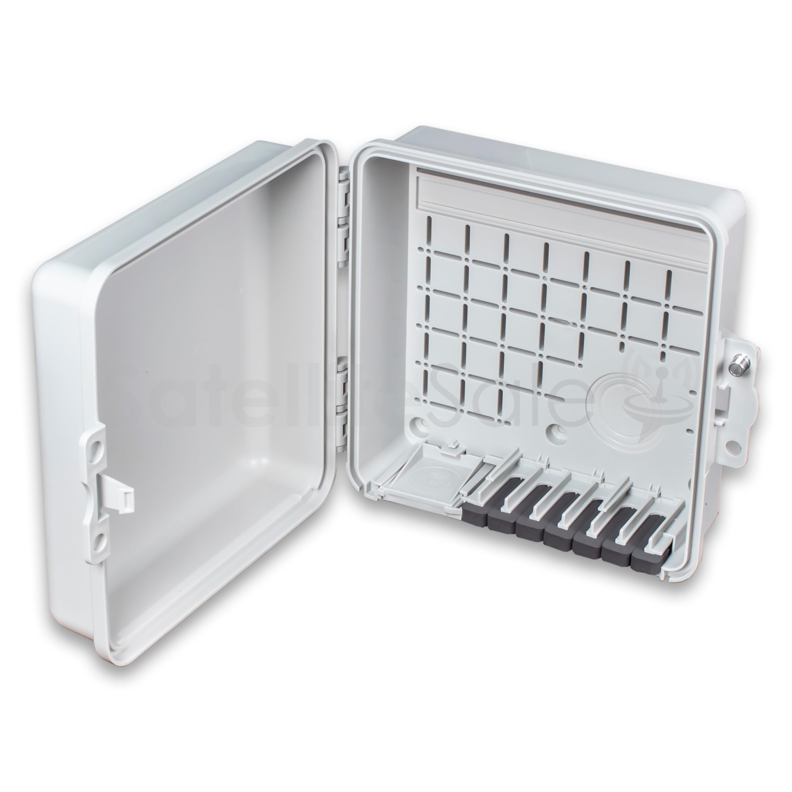 SatelliteSale weatherproof box front view showing durable outdoor enclosure