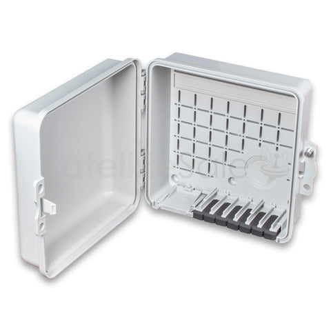 SatelliteSale weatherproof box front view showing durable outdoor enclosure