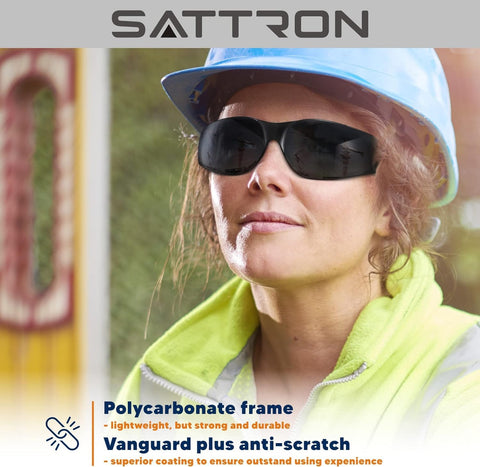 SATTRON dark-smoke tinted lenses provide UV protection outdoors.