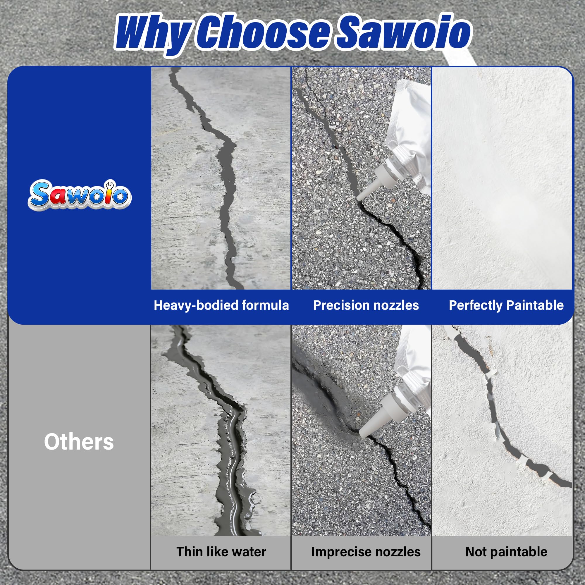 Sawoio concrete crack filler paintable finish blends with surrounding concrete.