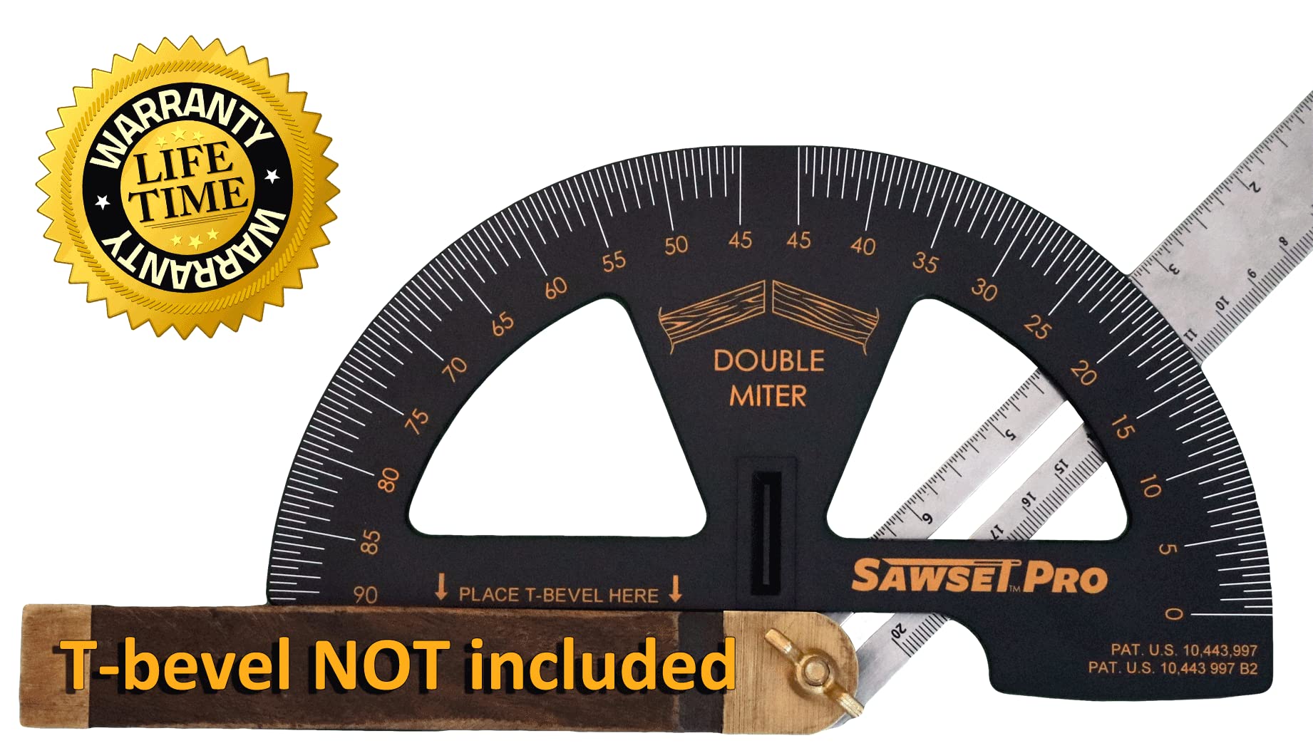 Sawset Pro double-sided protractor provides versatile miter options for crown and frames.