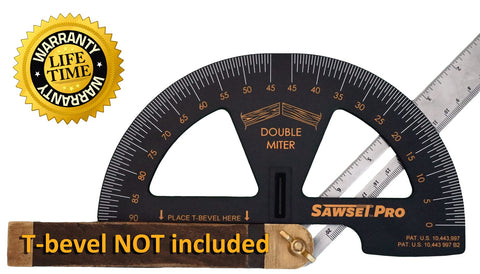 Sawset Pro double-sided protractor provides versatile miter options for crown and frames.