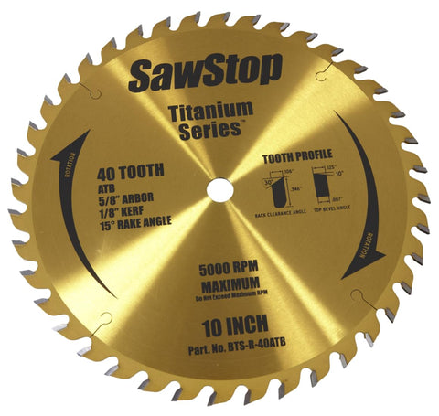 SawStop Titanium Series 40-tooth blade for precise cuts and smooth finishes.