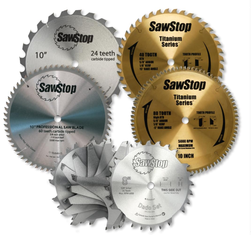 SawStop Titanium Series blade with laser-cut expansion slots to minimize heat and noise.