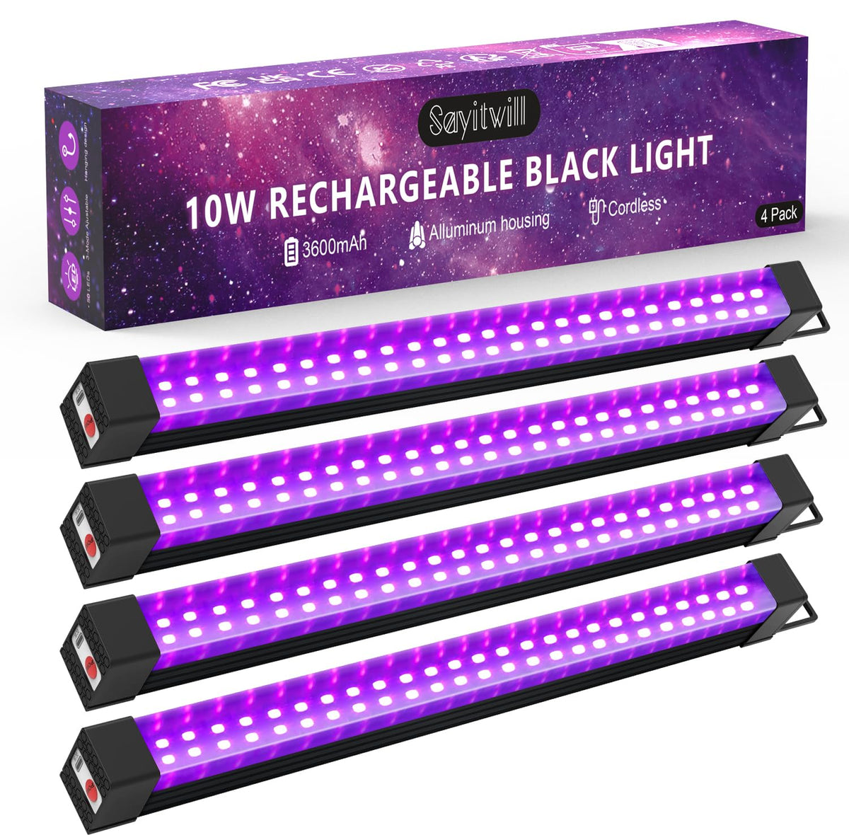 Sayitwill rechargeable black light bar 4-pack for cordless outdoor glow