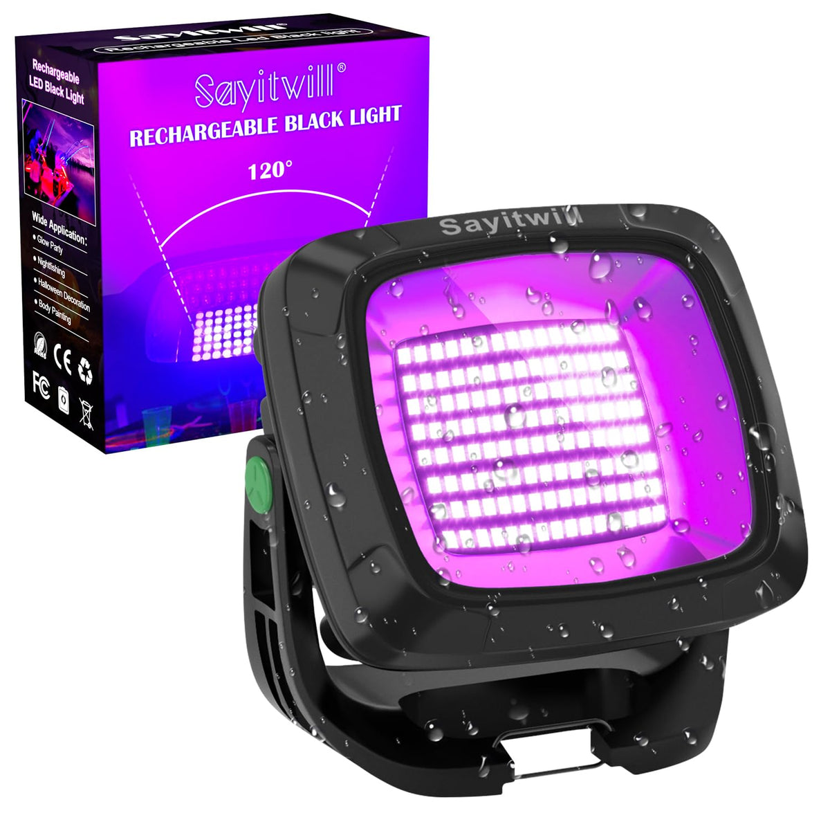 Sayitwill rechargeable black light front view showing glow suitable for party use