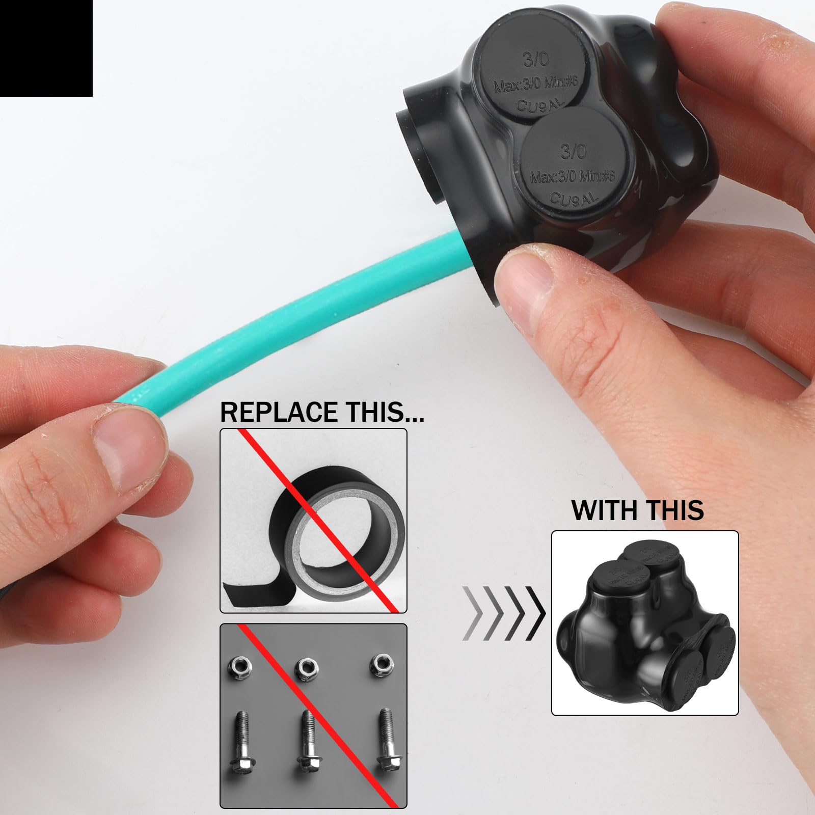 Saysurey black insulated multi-tap connectors provide durable terminations.