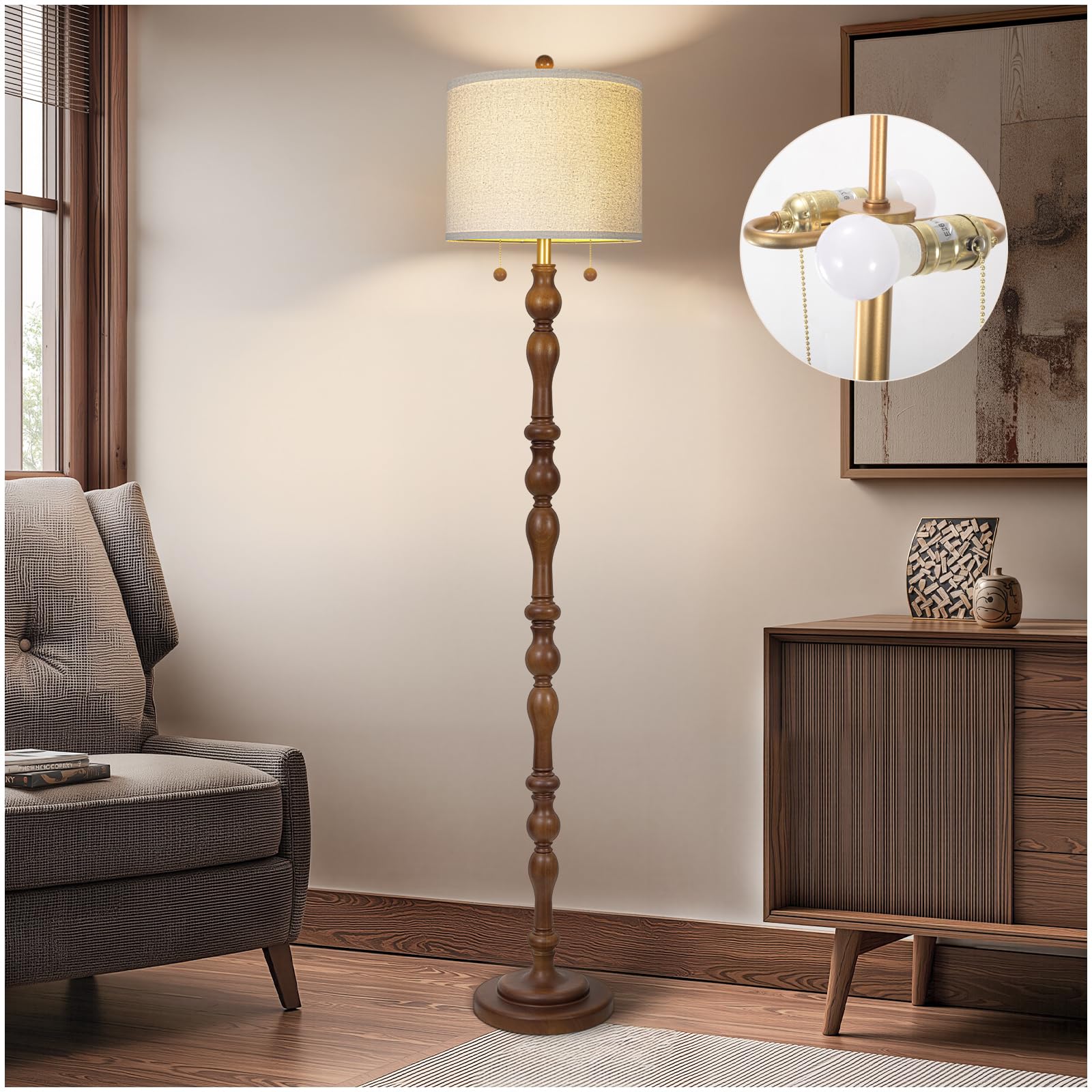Scenekoy wood floor lamp base with natural finish for warm living room lighting.