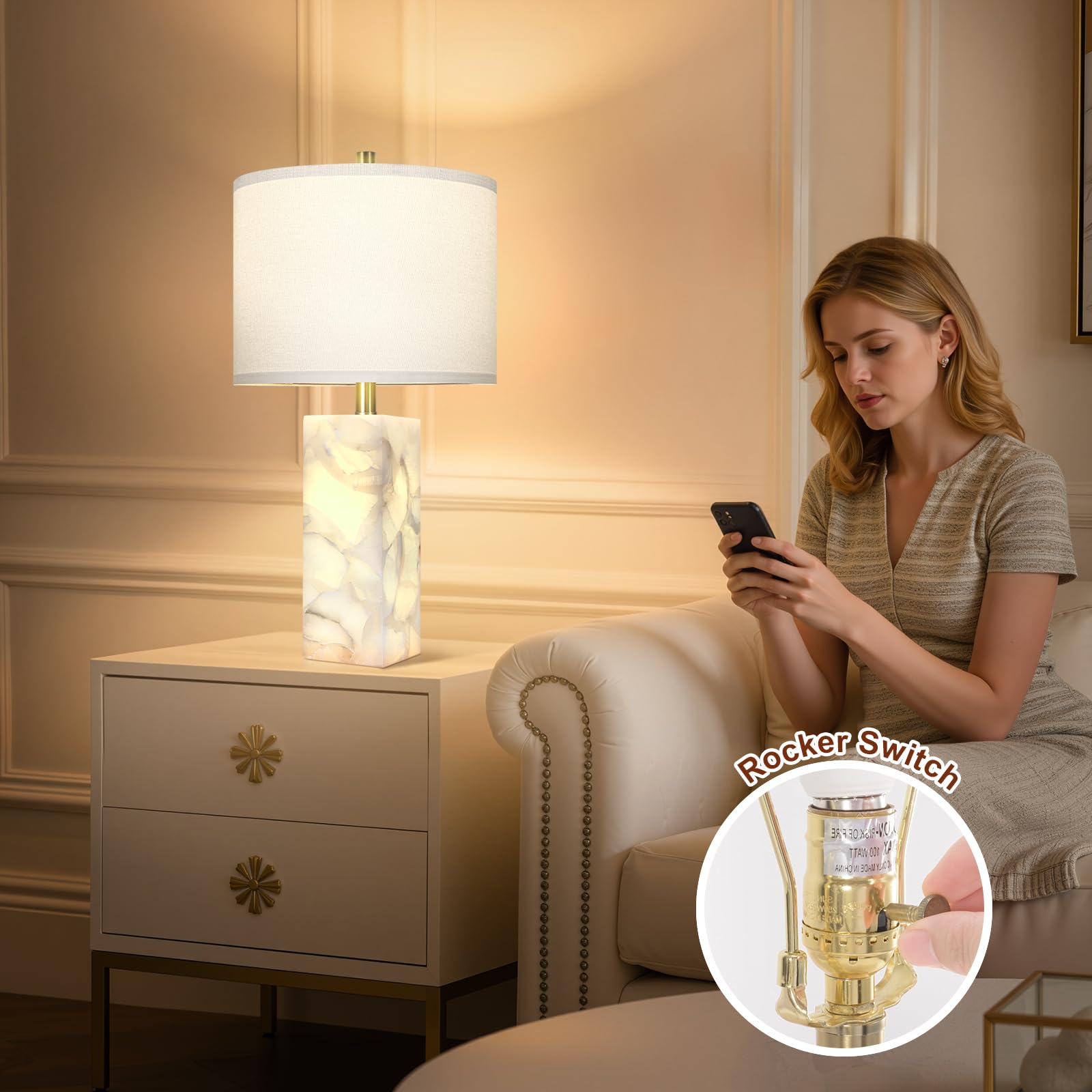 Scenekoy alabaster table lamp for bedside with dual lighting modes.