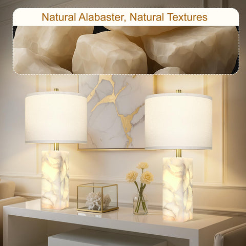 Scenekoy alabaster table lamp set includes two 9W bulbs.