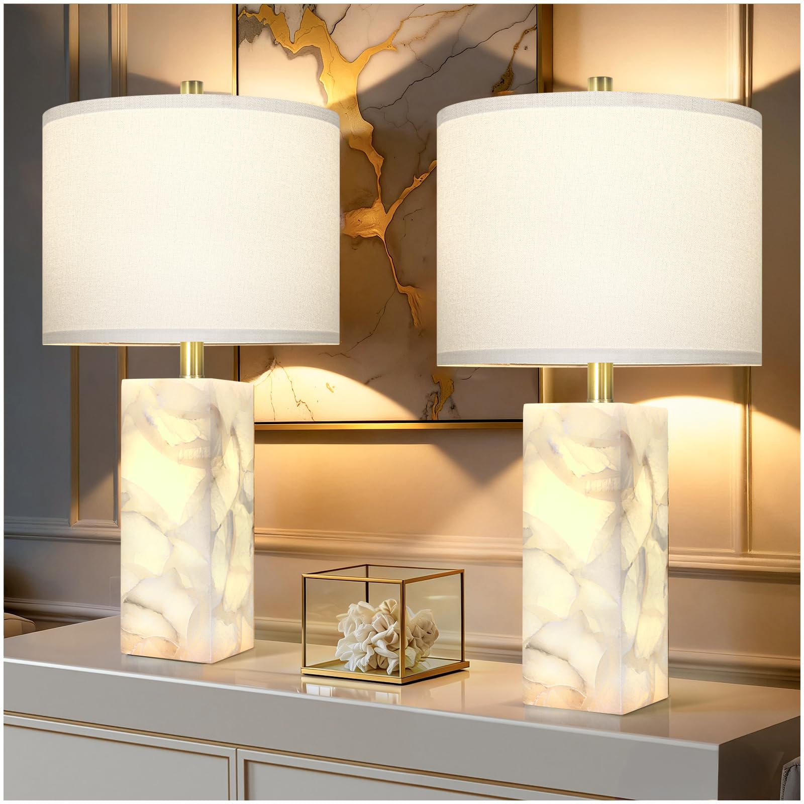 Scenekoy alabaster table lamp with square base for warm bedroom ambiance.