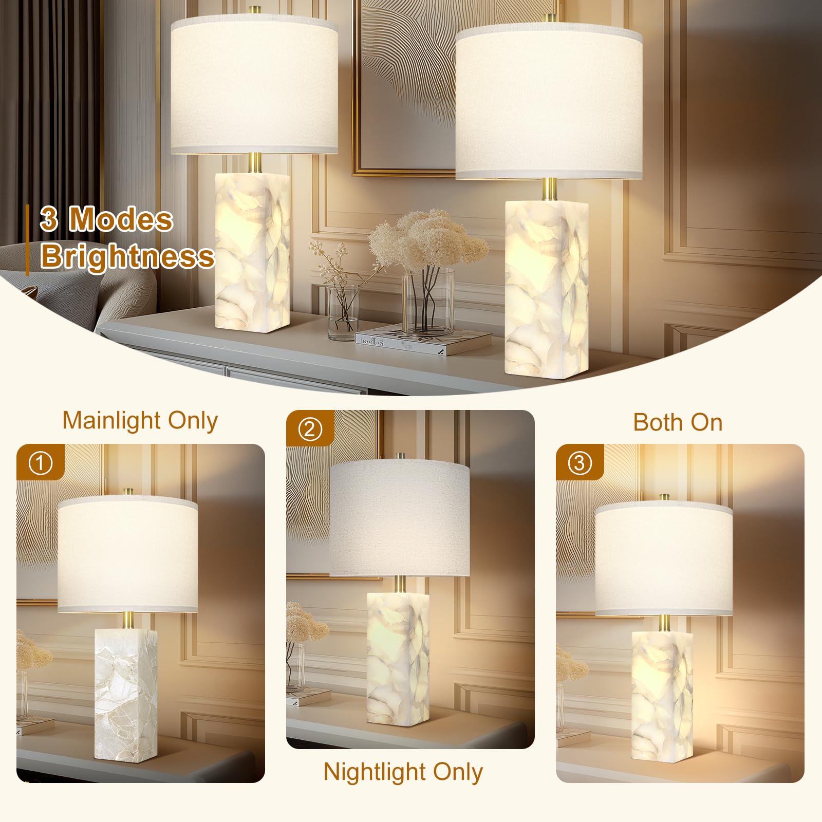 Scenekoy alabaster table lamp linen shade adds subtle warmth.