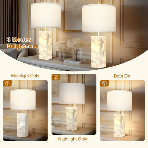 Scenekoy alabaster table lamp linen shade adds subtle warmth.