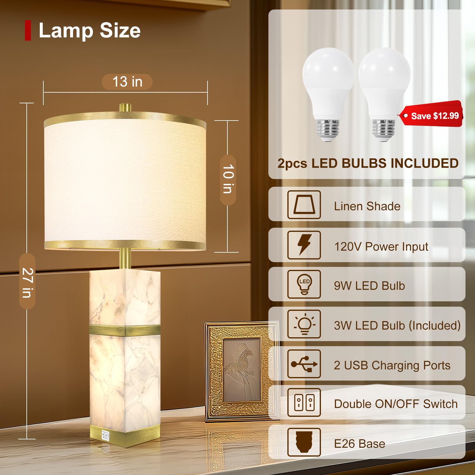 Scenekoy alabaster table lamps with USB ports for convenient charging.