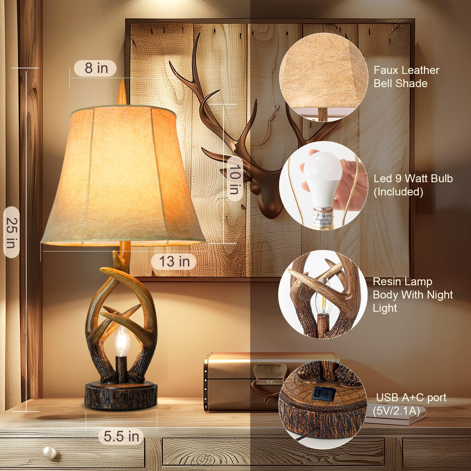 Scenekoy pair on nightstand with soft leather bell shade for gentle reading light