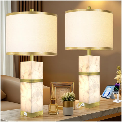 Scenekoy natural alabaster table lamps set of 2 with night light for bedrooms.