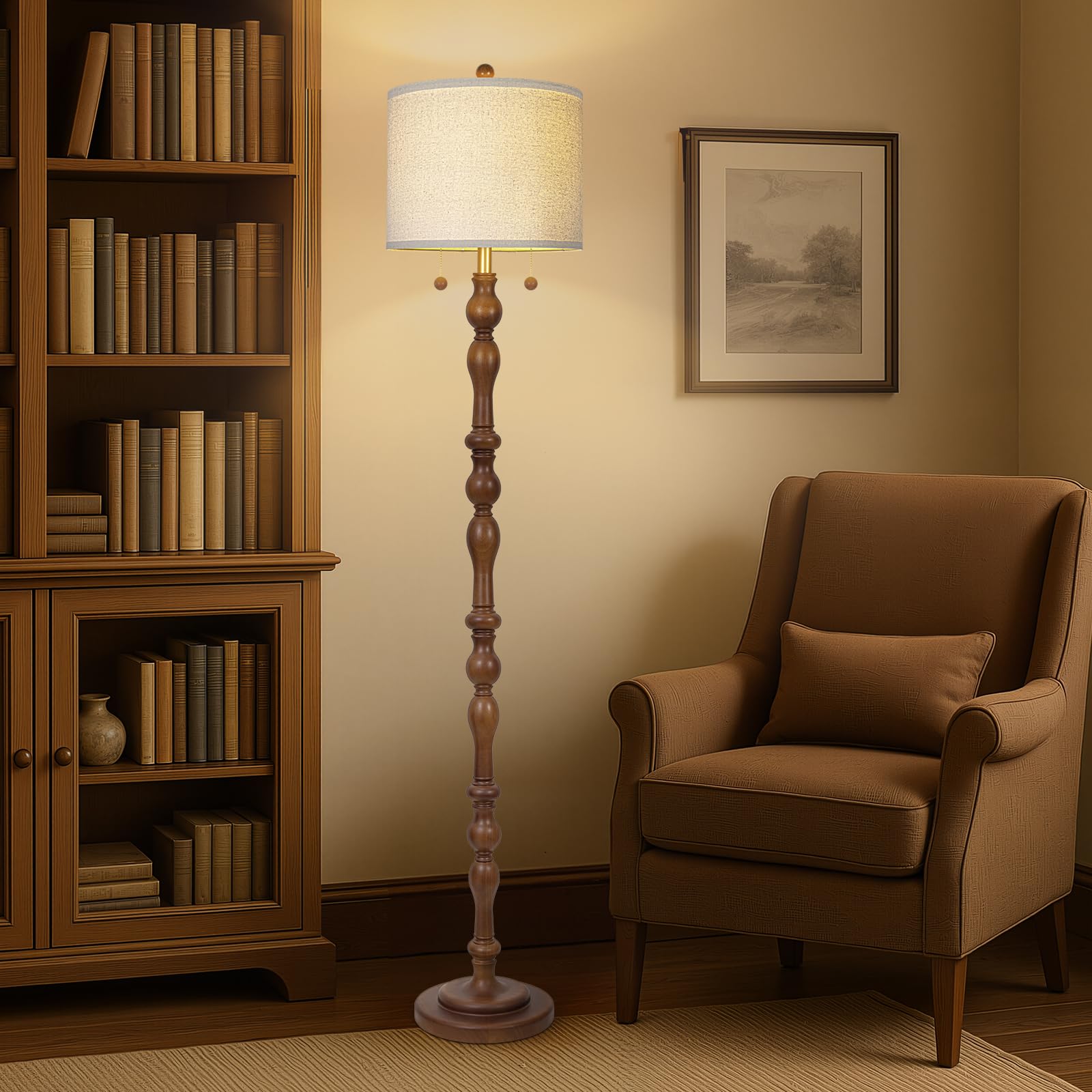 Scenekoy natural wood finish floor lamp with sturdy base ideal for desks or seating areas.