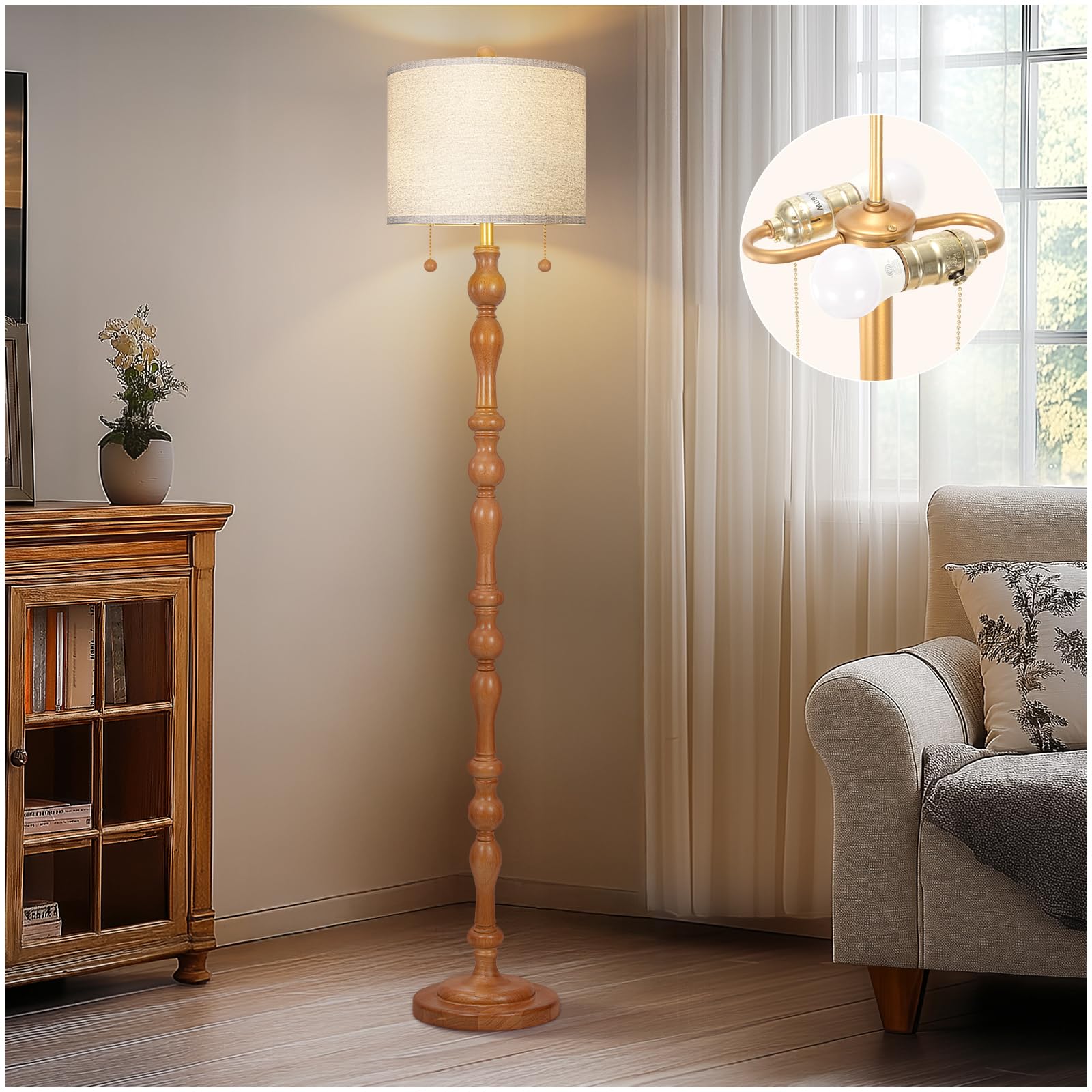 Scenekoy natural wood floor lamp with linen shade in living room setting