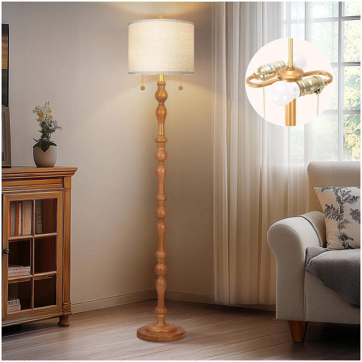 Scenekoy natural wood floor lamp with linen shade in living room setting