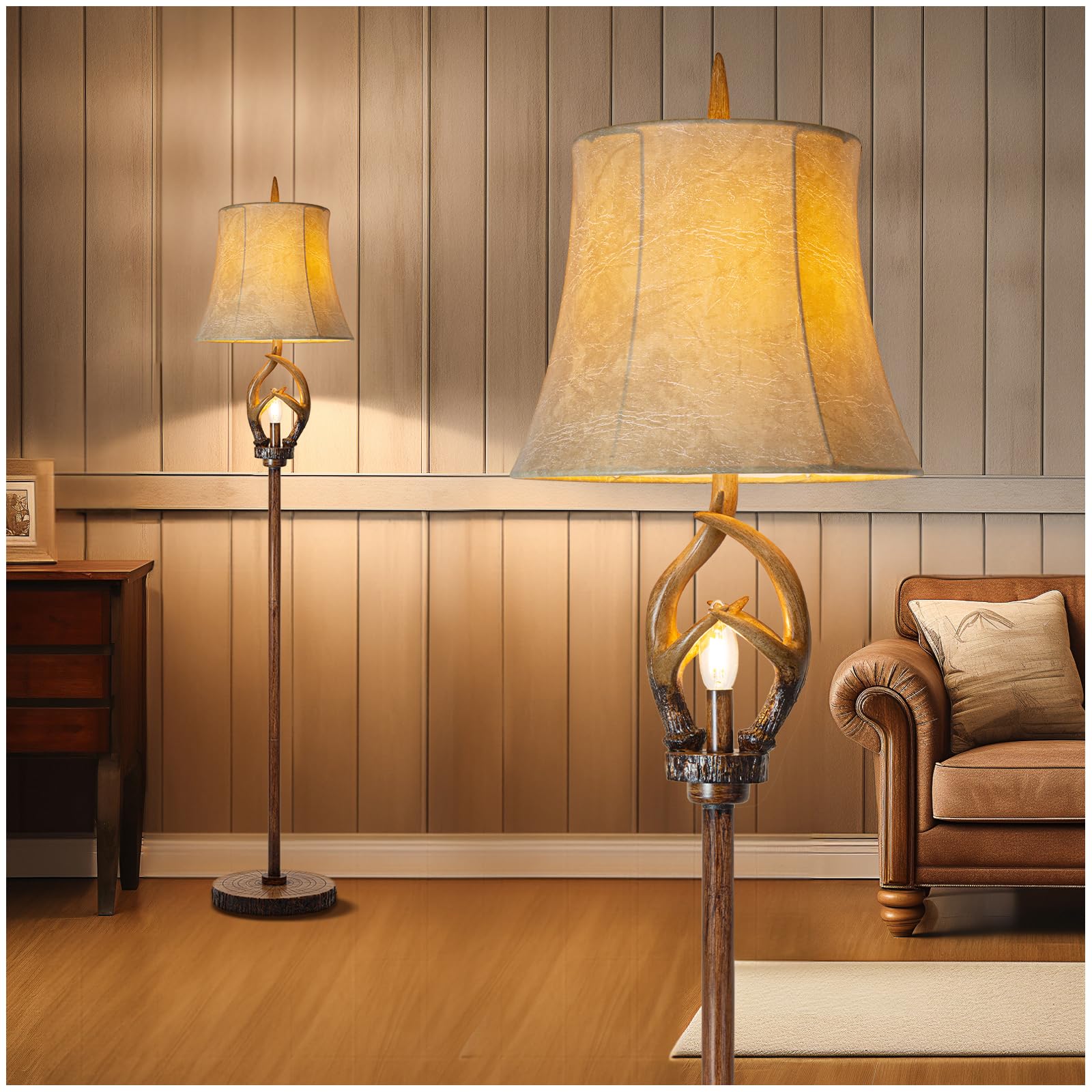 Scenekoy rustic antlers floor lamp with tree stump base for a warm living room