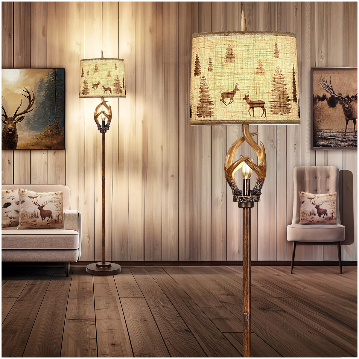 Scenekoy rustic antlers floor lamp brown finish shown in living room ambiance