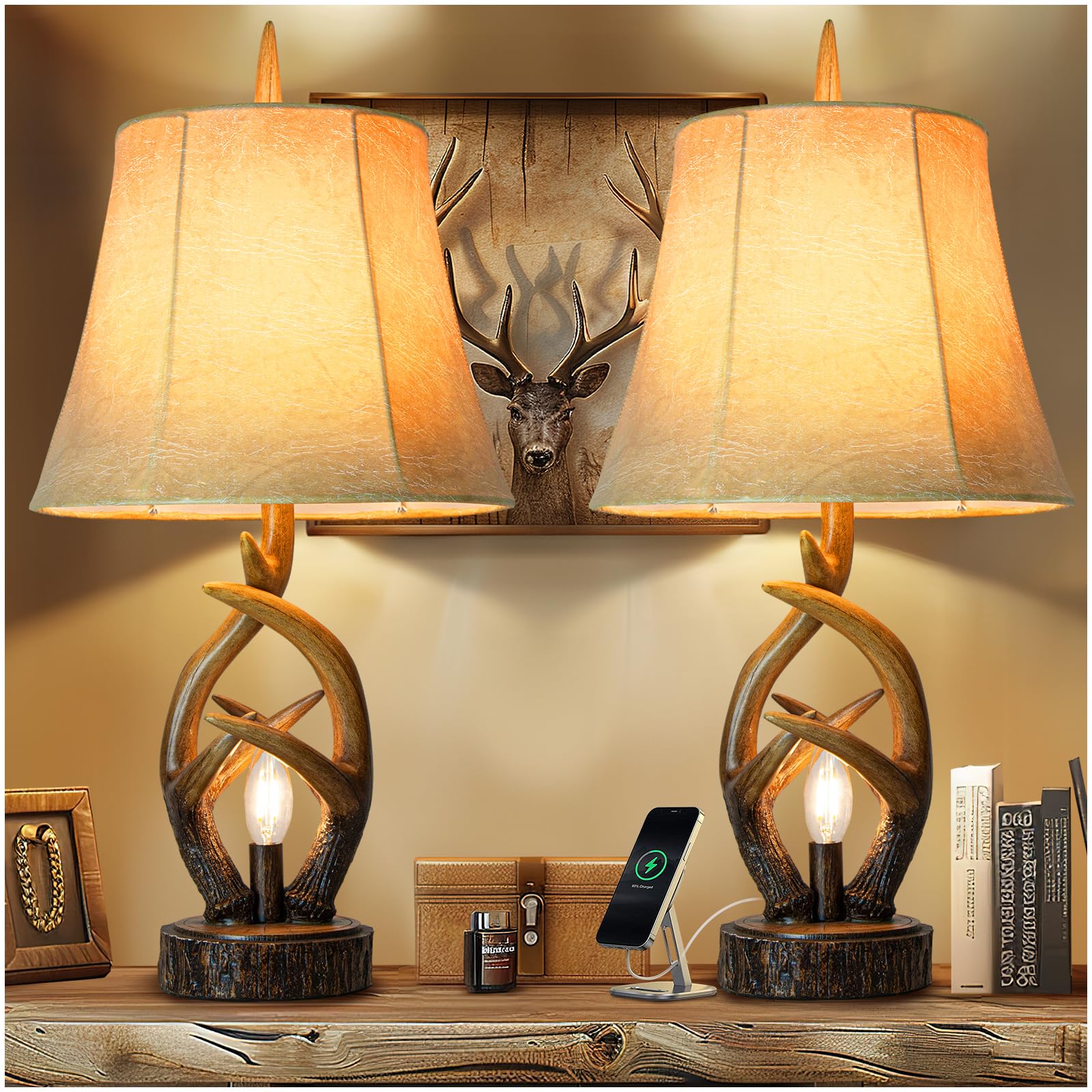 Scenekoy rustic farmhouse antlers bedside lamps with leather shade, ideal for living room ambiance