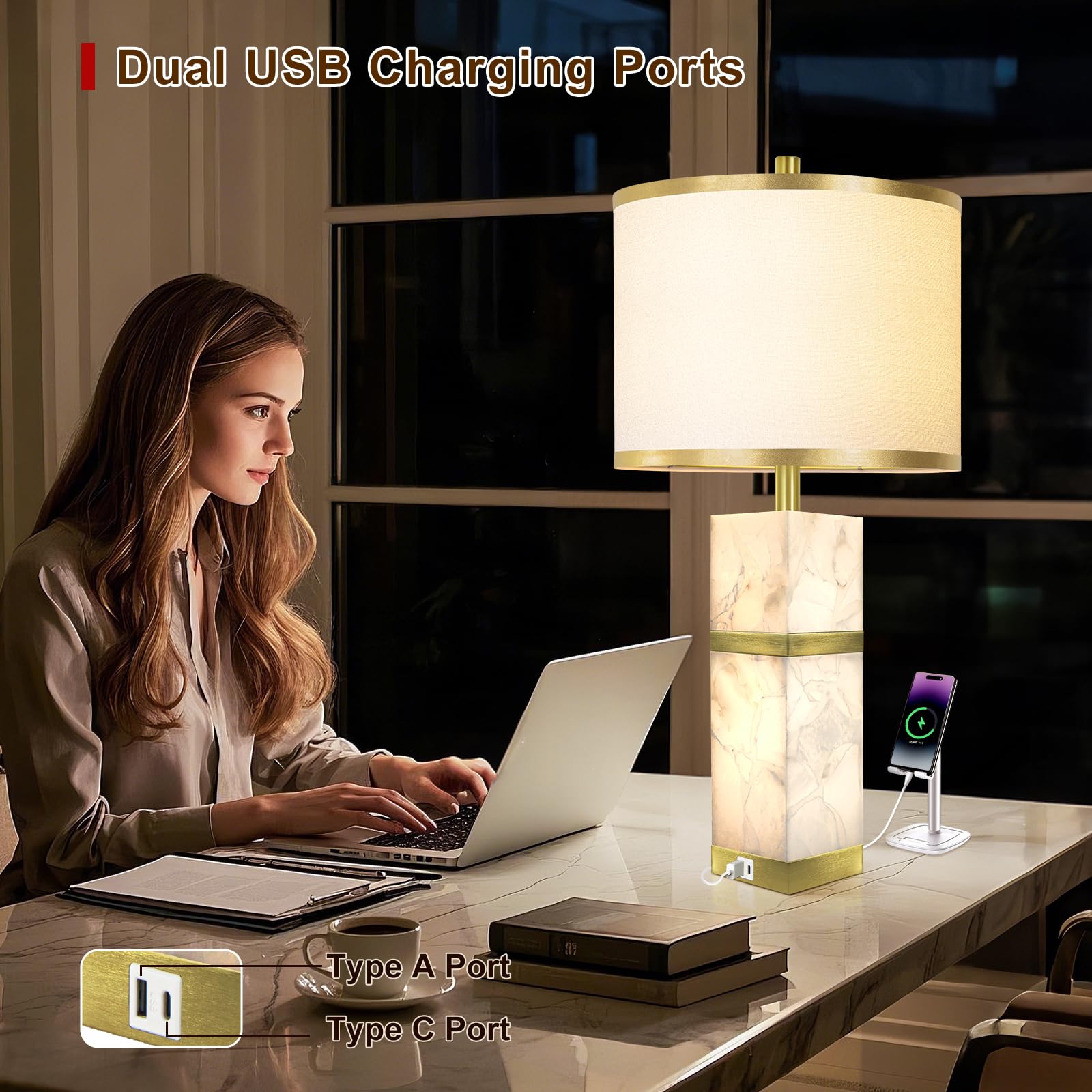 Scenekoy square alabaster lamp body with decorative metal strip for modern style.