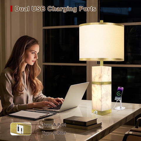 Scenekoy square alabaster lamp body with decorative metal strip for modern style.