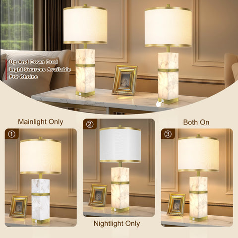Scenekoy table lamps with linen shade delivering soft living room illumination.
