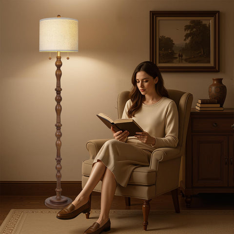 Scenekoy tall standing lamp showcases elegant wood column and modern farmhouse vibe.