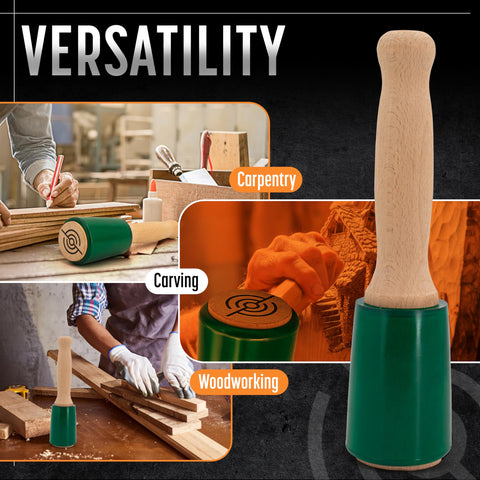 Schaaf Tools 15oz mallet urethane head dampens noise while working.