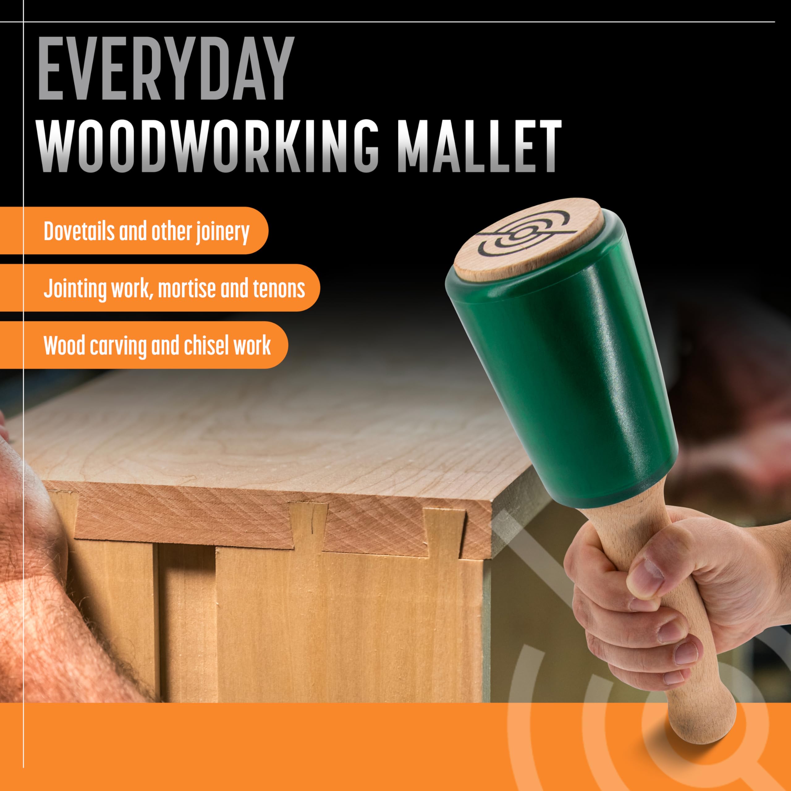 Schaaf Tools mallet 15oz with urethane head protects chisels and reduces noise.