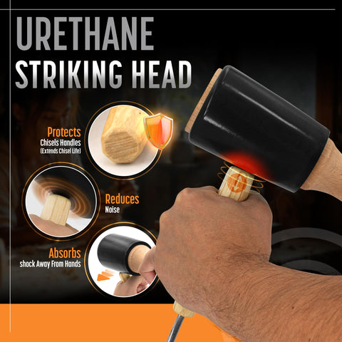 Shock-absorbing urethane head minimizes noise and impact during carving